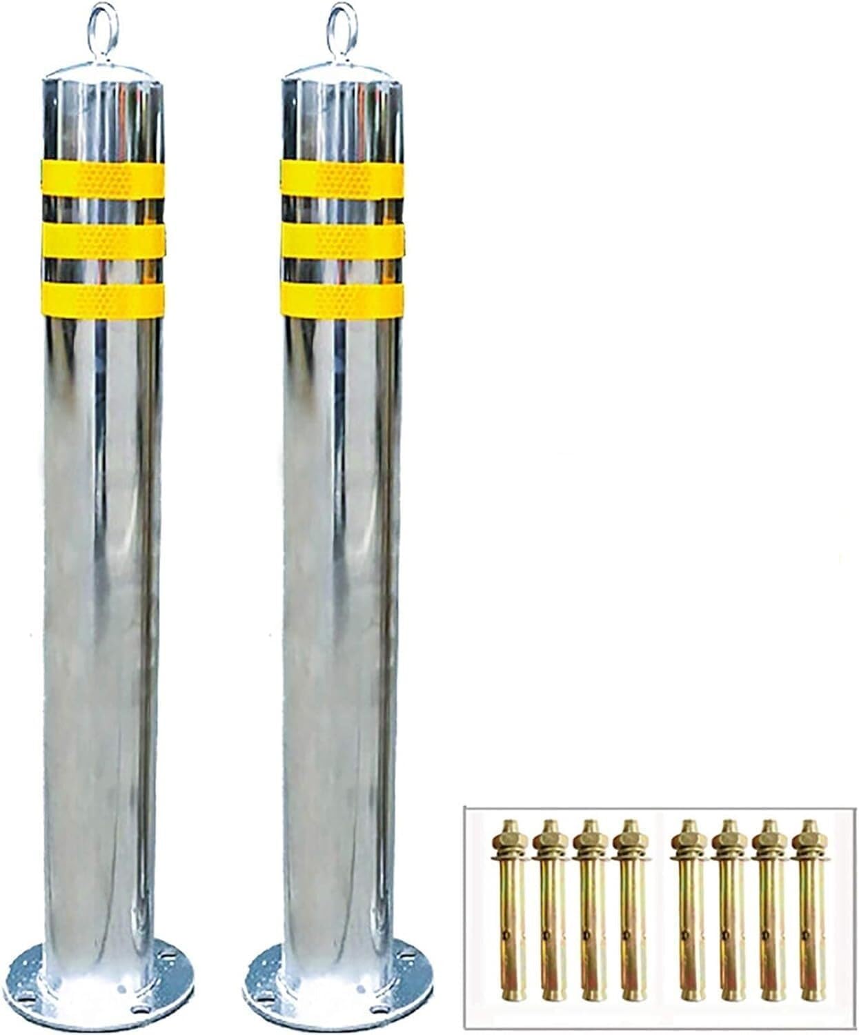 CWCQGH Security Barrier, Stainless Steel Parking Bollard 2 Pcs with Chain and Reflective Tape Silver 600mm X 76mm