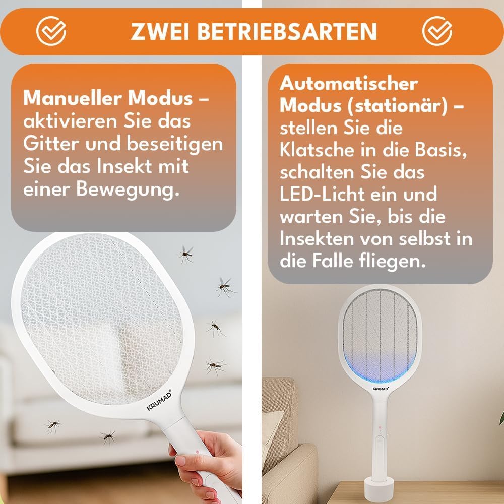 KRUMAD Elektryczna łapka na muchy USB-C z diodami LED UV, 3-warstwową siatką ochronną i akumulatorem, elektryczna łapka na muchy, muchy, osy, elektryczna łapka na muchy ze stacją bazową