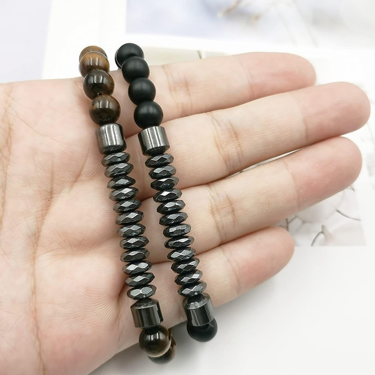 Schmuck Set mit 2 Armbändern, 6 mm, Tigerauge für Sie und Ihn, Partnerarmband, handgefertigt, 21 cm, Schwarzbraun, 21 cm x 6 mm, Kristall, Tigerauge. Haushaltsarmaturen