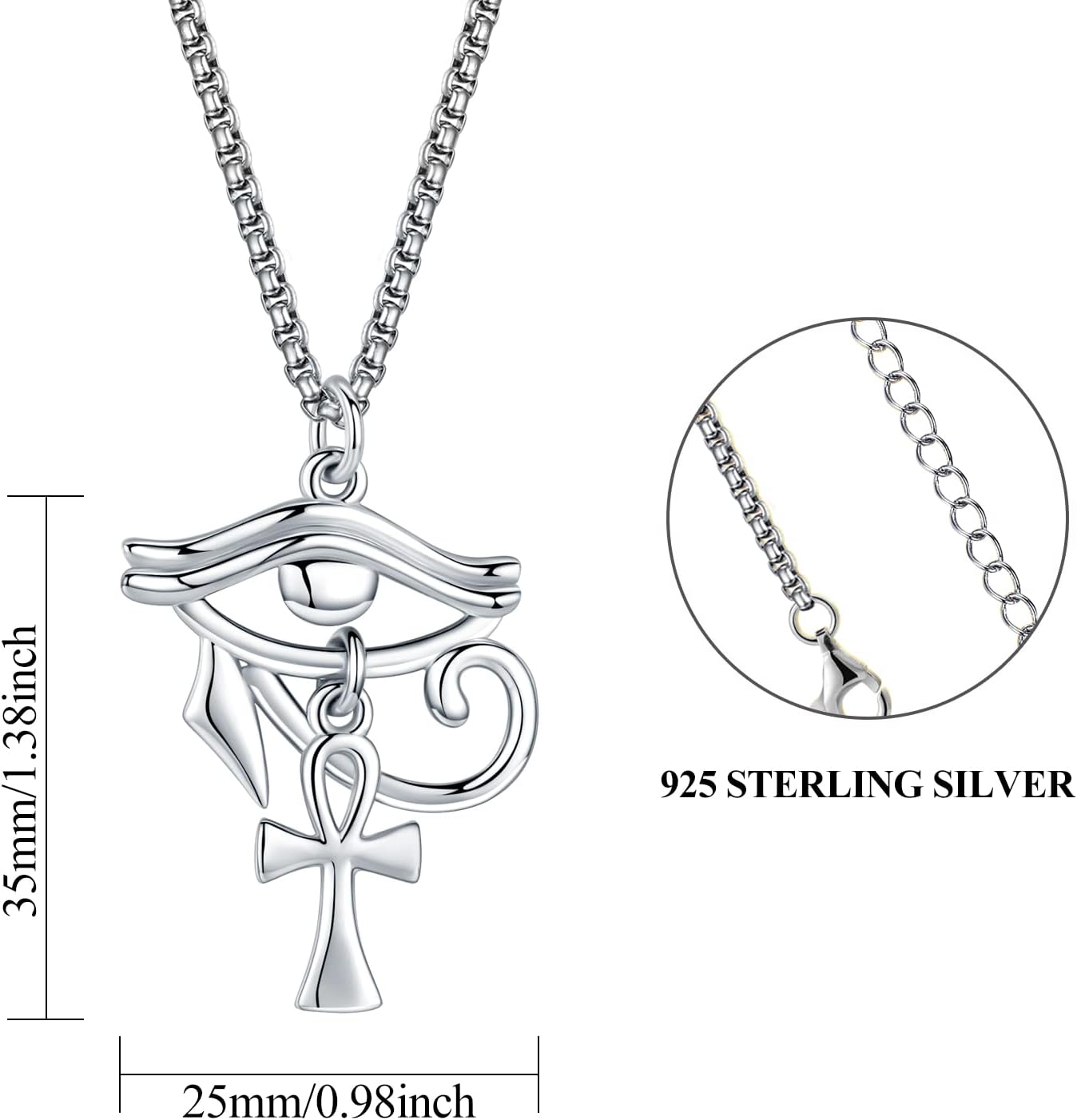 KINGWHYTE Eye of Horus Necklace 925 Sterling Silver Egyptian Ankh Cross Necklace Eye Protection Pendant Jewelry Gifts for Women Men with Stainless Steel Chain - 22+2 inch(60cm) - Image 6