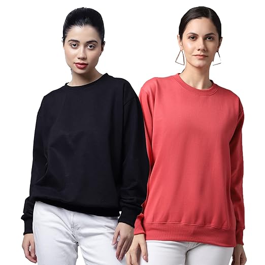 Fleece Round Neck Multicolor Sweatshirt for Women (Pack of 2)-SW_RRN_BLK_PNK_002-P