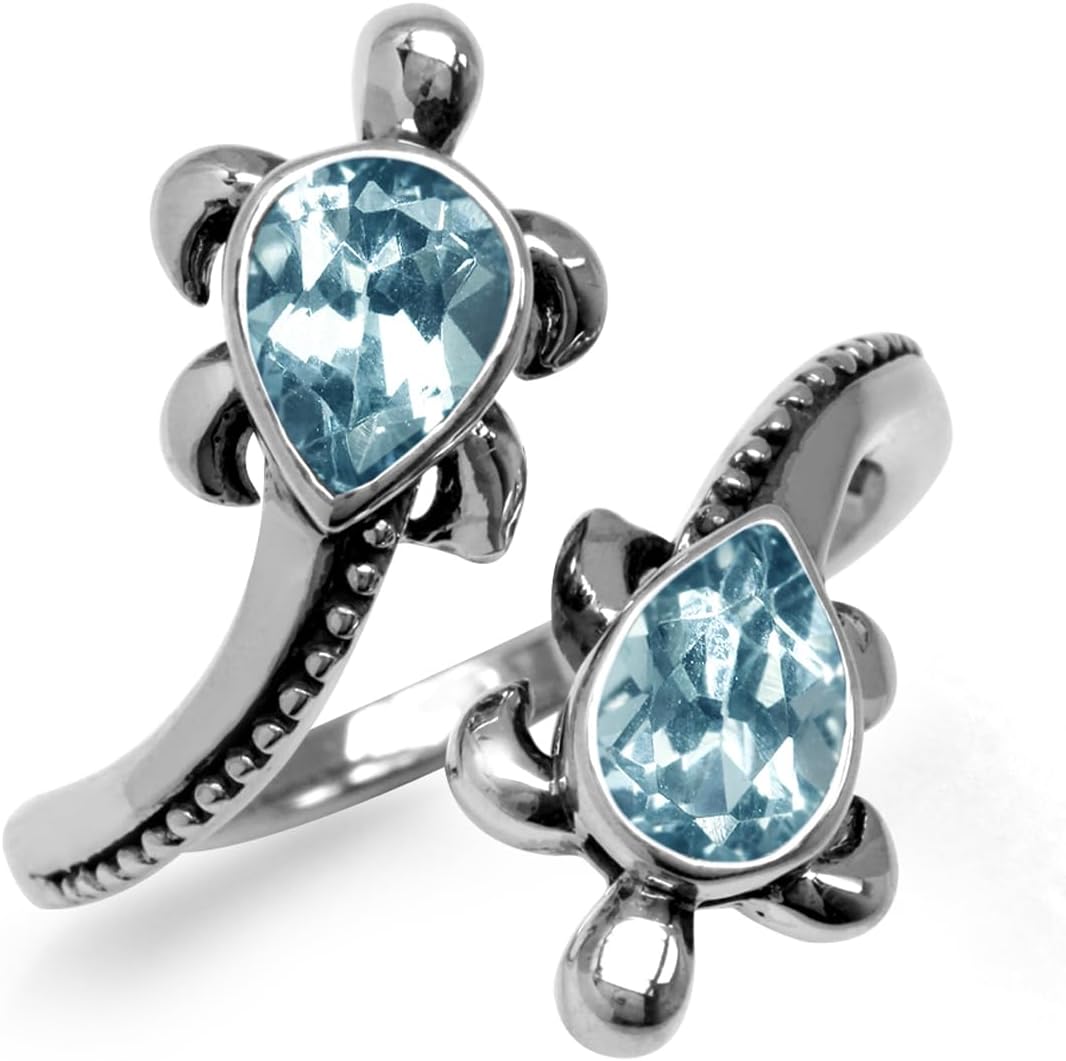 Silvershake Gemstones 925 Sterling Silver Sea Turtles Bypass Adjustable Ring Jewelry for Women