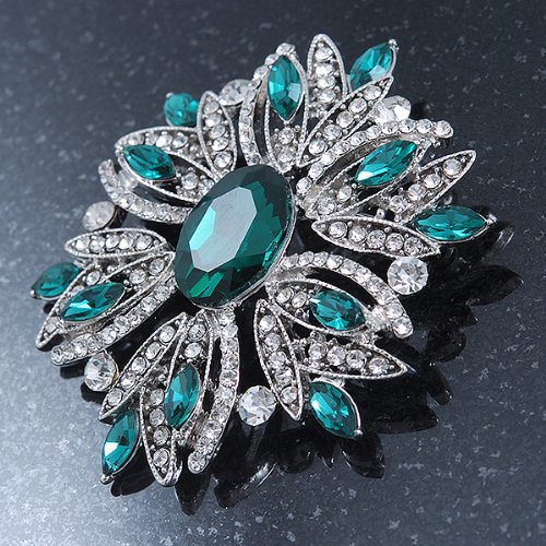 Avalaya Stunning Bridal Emerald Green, Clear Austrian Crystal Corsage Brooch In Rhodium Plating - 60Mm Length #TOP7