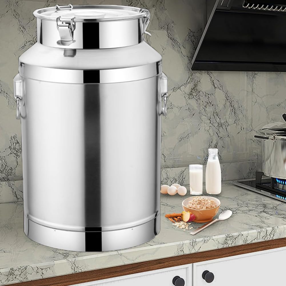 Lechera de acero inoxidable, barril de almacenamiento de líquidos con tapa y 2 asas para transportar granos, vino y agua