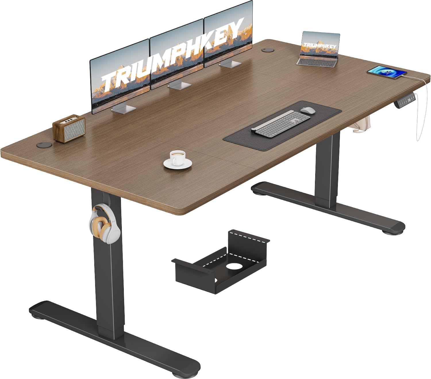 TRIUMPHKEY Höhenverstellbarer Schreibtisch mit USB Ladeanschluss, 3 Memory-Steuerung Schreibtisch Höhenverstellbar mit Kabelkasten, Computertisch Stehpult,Standing Desk
