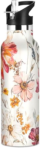 Miniatura 20 de Botella de agua deportiva aislada al vacío con diseño de orquídeas y orquídeas y tomillo, mantiene el calor y el frío, con popote a prueba de fugas,