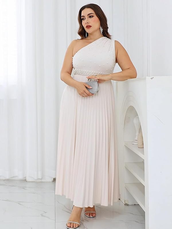 CYCLAMEN Plus Size One Shoulder Maxi Dress Pearl Sleeveless Pleated A Line Dresses Formal Wedding Guest Evening Gowns, Off-White, 2X by CYCLAMEN - Used condition - Image 3