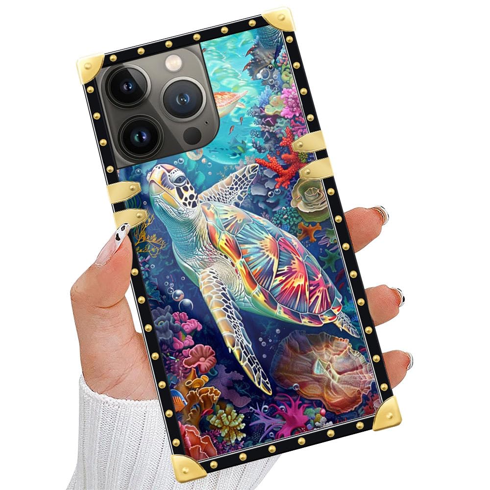 TAMEFOX Case Compatible with iPhone 14 Pro Max(6.7 in),Coral Turtle Gold Luxury Soft TPU Hard PC Back Shockproof Protective Cover Case for iPhone 14