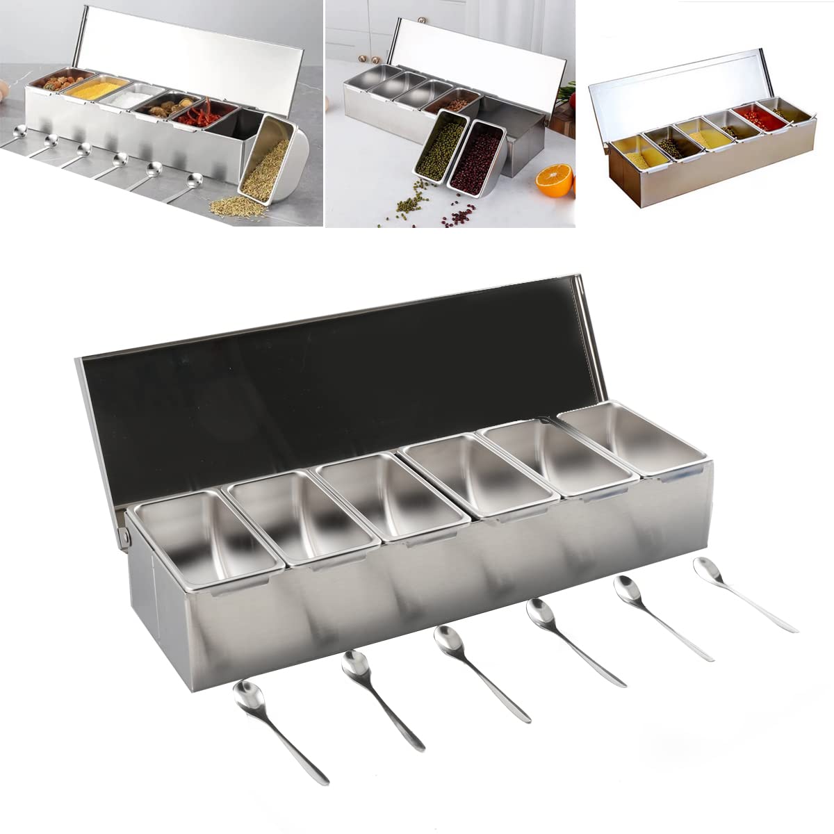 Juego de 6 cajas para especias de cocina, rectangulares, recipientes para condimentos, recipientes para especias, recipiente para barbacoa, recipiente para alimentos, acero inoxidable