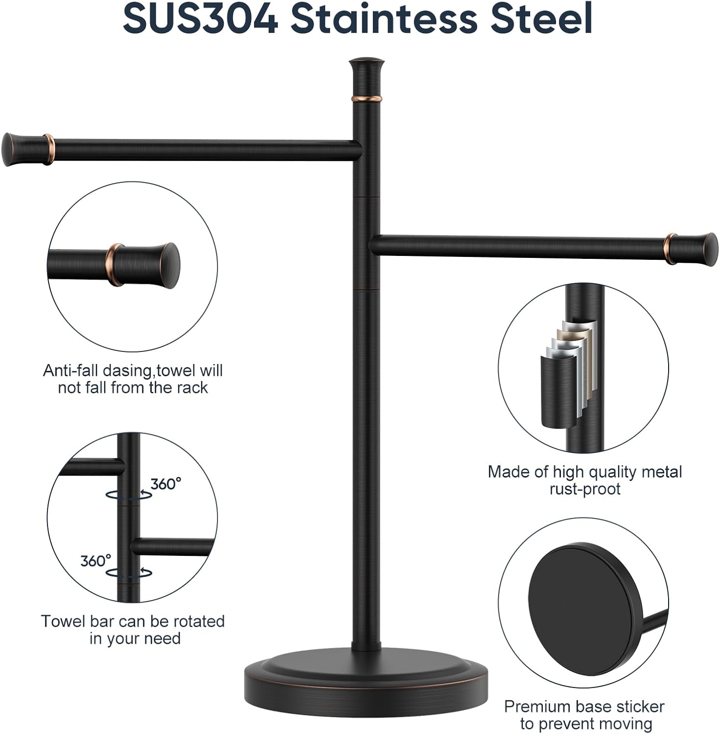 16 Inch Oil Rubbed Bronze Stand Towel Bar FreeStanding Stainless Steel Hand Towel Holder for Bath, Towel Rack Towel Ring Hardware Accessories for Bathroom Kitchen Vanity Countertop - Image 4