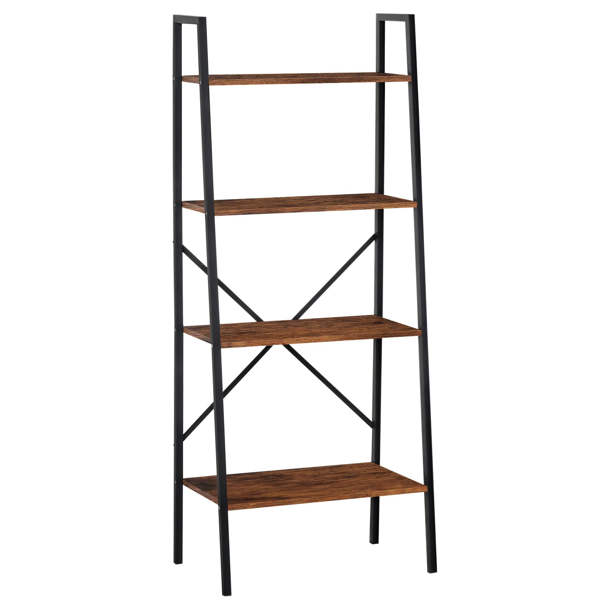HOMCOM 4 Tier Ladder Bookcase - Rustic Wood Effect, Black Steel Frame, Brown