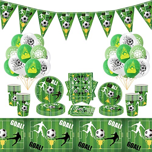 PRATYUS Football Fournitures de Fête 66 Pièces Couverts Boule Décoration Ensemble Table à Manger Comprend Assiettes Nappes Tasses Serviettes Garçons Coupe du Monde Sport Anniversaire