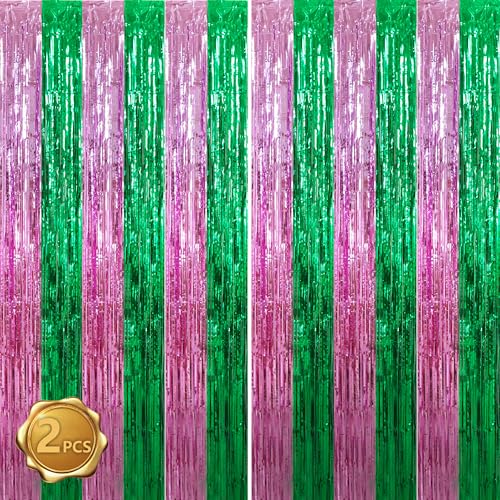 Image of BEISHIDA Pink Green Door Streamers Backdrop Foil Fringe Tinsel Party Streamers Curtains Photo Backdrop for Birthday Graduation Wicked Party Decoations