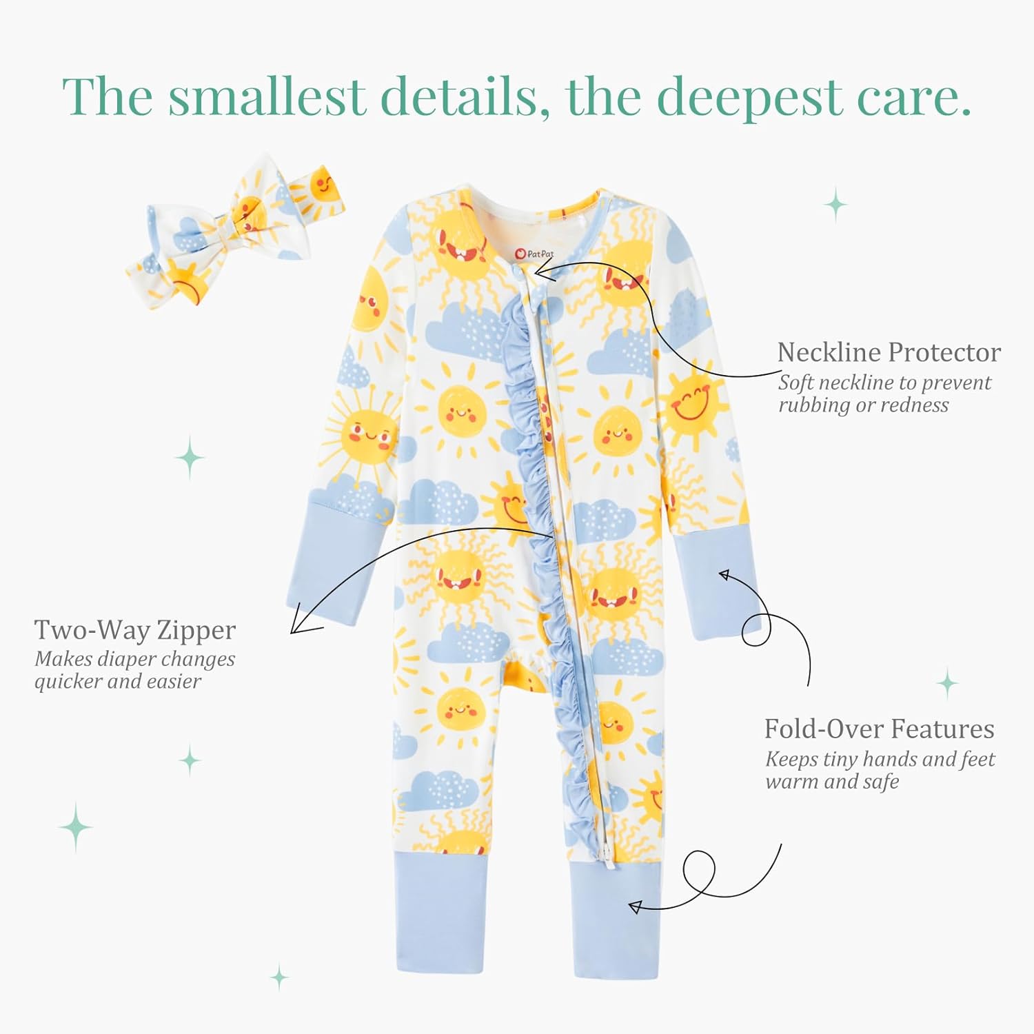 PATPAT Baby Girl Boy Footie Clothes, Bamboo Viscose, 2-Way Zipper, Fold-Over Mittens & Cuffs with Hat/Headband