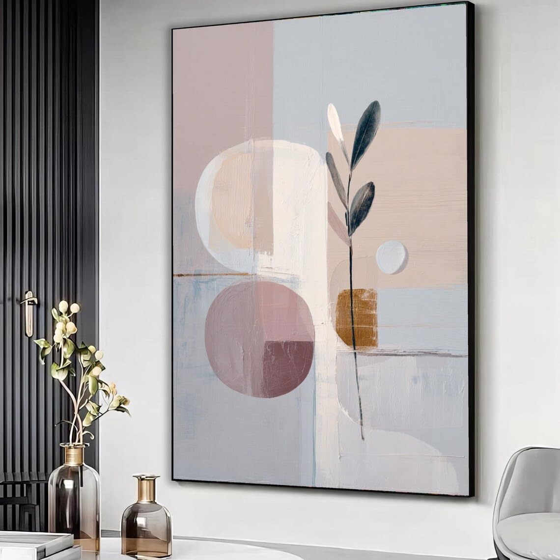 XBTYKPB Minimalist Abstract Botanical Canvas, Soft Pastel Wall Art, Geometric Design, Neutral Home Decor, Ready to Hang Painting(50x75cm/Inner Frame)