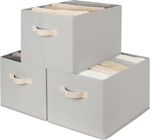 Miniatura 18 de StorageWorks - Cestas de almacenamiento para estantes, contenedores plegables de almacenamiento de tela para armario con asas de poliuretano, Blanco
