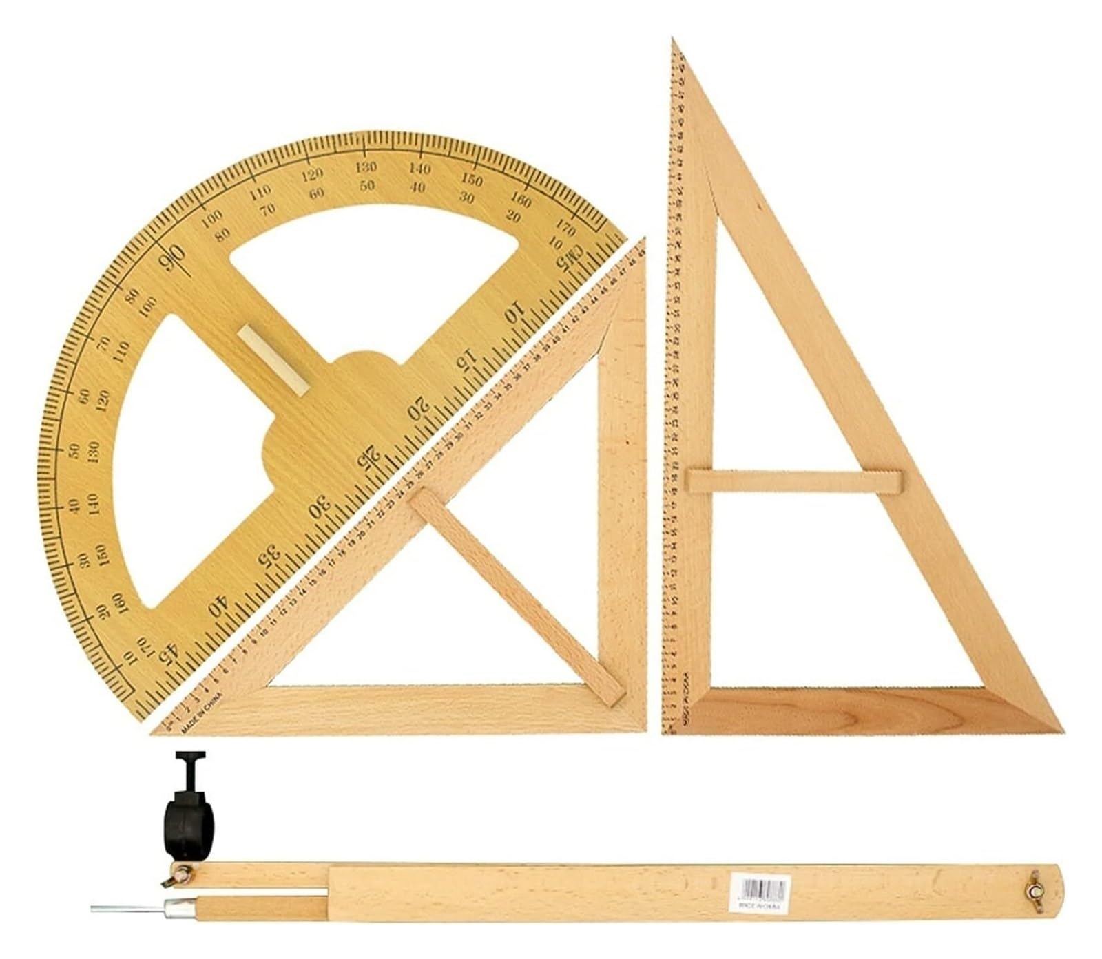 Kit de règle triangulaire de 50 cm en bois massif et boussole pour la classe