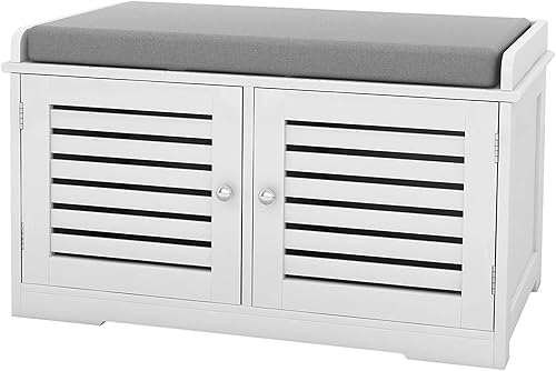 Miniatura 5 de RASOO Banco de almacenamiento de zapatos blanco con 2 puertas y cojín de asiento acolchado en color gris, zapatero con organizador de zapatos