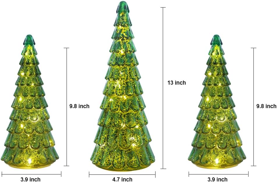 PHITRIC Christmas Decorations Indoor, 3 pcs Sparkling Glass Christmas Tree with LED Lights and Timer, Tabletop Christmas Tree Decor, Xmas Tree Decorations for Living Room, Fireplace, Table, Home