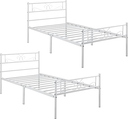 Miniatura 1 de Yaheetech Base de cama clásica de metal con cabecero y estribo, diseño floral, estructura fácil de instalar, tamaño individual XL, 2 piezas, color