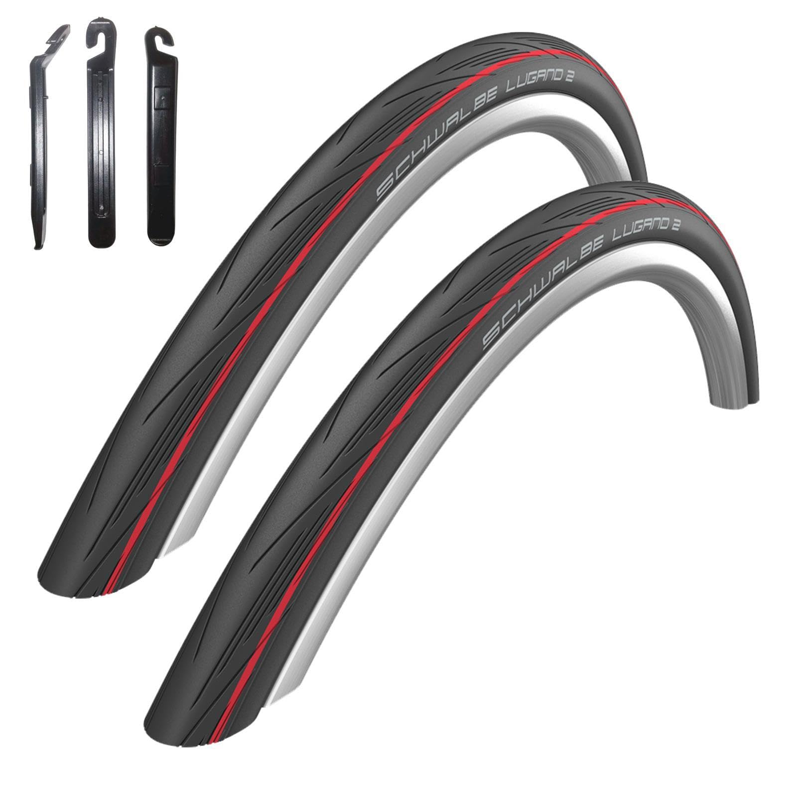 2 x Schwalbe Lugano 2 28" Rennradreifen Schwarz roter Streifen 700 x 25C (25-622) inkl. 3 Reifenheber
