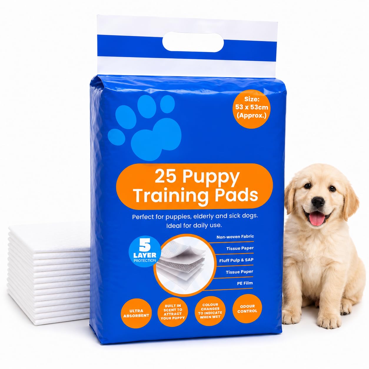 Puppy Training Pads, 25 Pack, 53x53 cm, 5-Layer Protection, Ultra Absorbent with Odour Control Dog Training Pads (200, 53X53 CM LARGE)