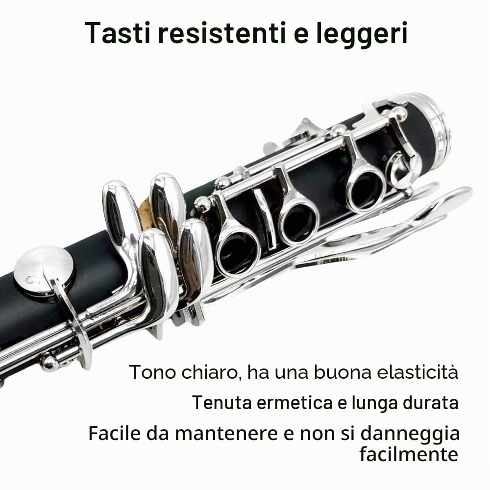 Clarinetto in Sib per studente corpo in ebanite nichelato B piatto 17 tasti clarinetto per principianti set 2 barili con panno di pulizia guanti strumento musicale nero orchestra