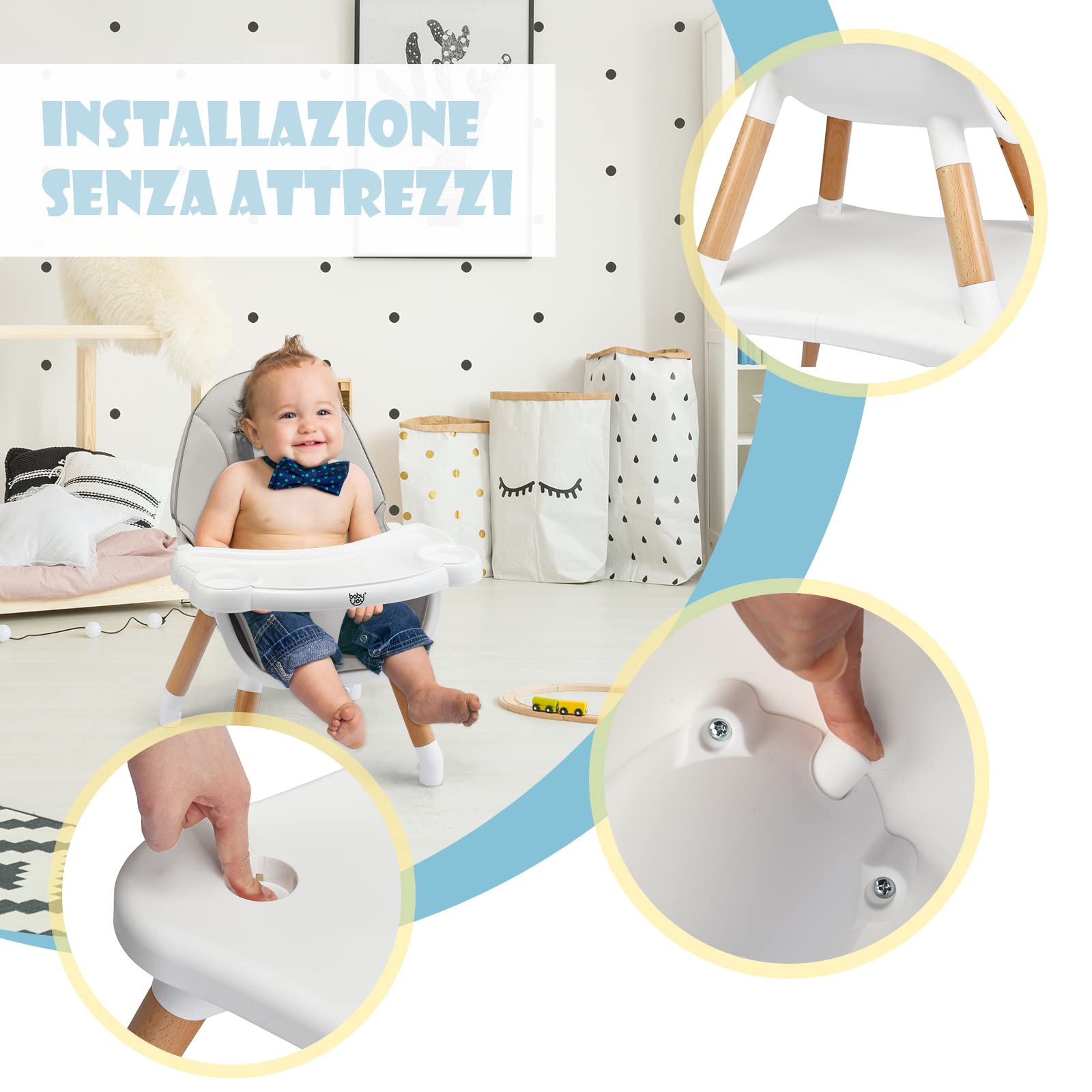 RELAX4LIFE 6 en 1 Trona para Bebés con Bandejas Dobles Extraíbles, Arnés de Seguridad de 5 Puntos, Patas de Madera Haya, Cojín Extraíble, Trona para Bebés 6-36 Meses (Gris)