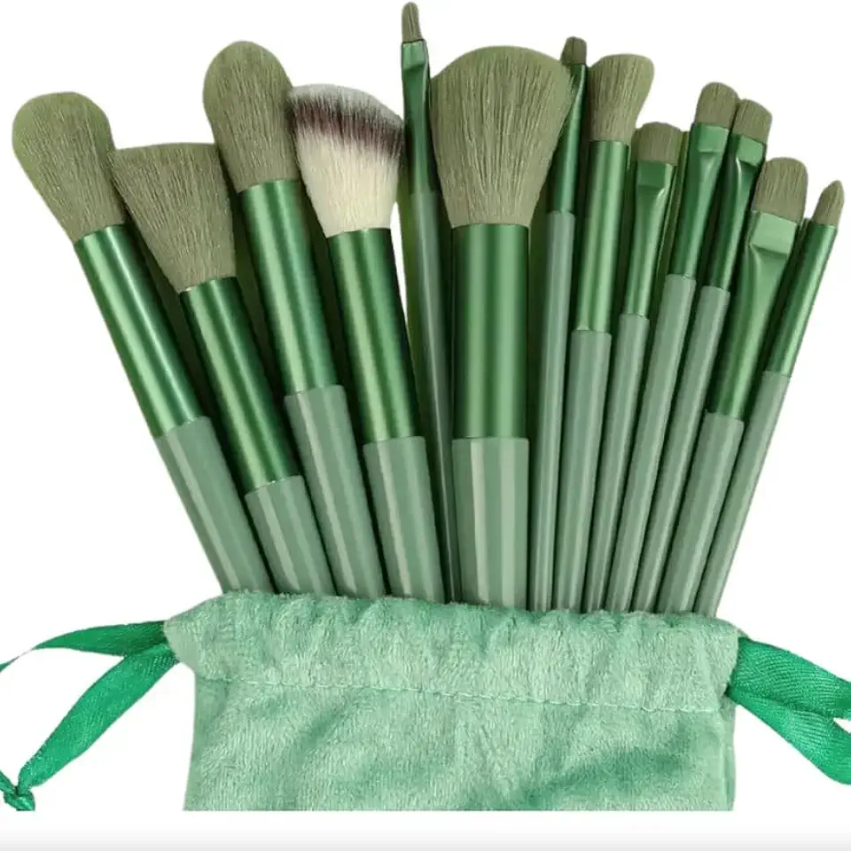 Kit de Pincéis de Maquiagem Profissional, 13 Peças, Rosa, Cerdas Super Macias, com Estojo de Veludo PREMIUM (VERDE)