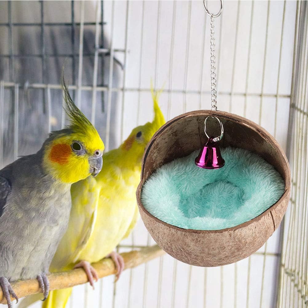 Hffheer Nido de cría de Aves de compañía Cascarilla de Coco Natural Caja de anidación de Loros Jaula Cama Hatch House Choza con tapete y Campana para Loro Cacatúa Guacamayo