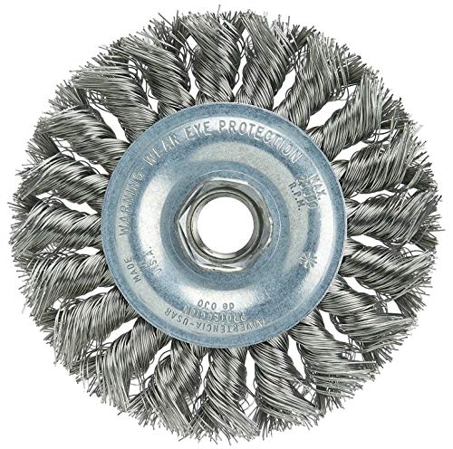 Image of Weiler 36213 Wolverine 4 inch Knot Wire Wheel, Standard Twist, .014 inch Stainless Steel, 5 /8 inch-11 UNC Nut, Made in The USA (Pack of 5)