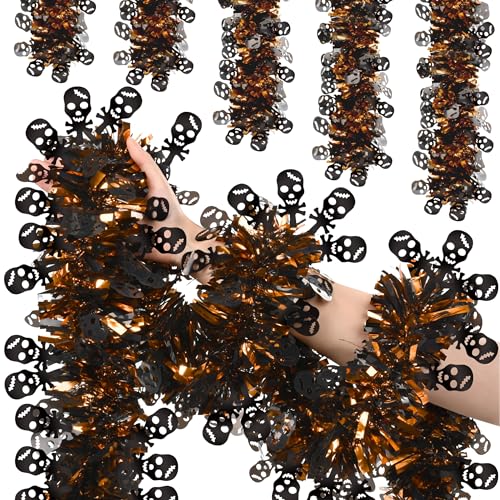 Image of 50 Ft Halloween Tinsel Garland Glitter Tinsel Garlands with Black Skull Thick Glittering Metallic Twist Garland for Halloween Indoor Outdoor Party Decorations