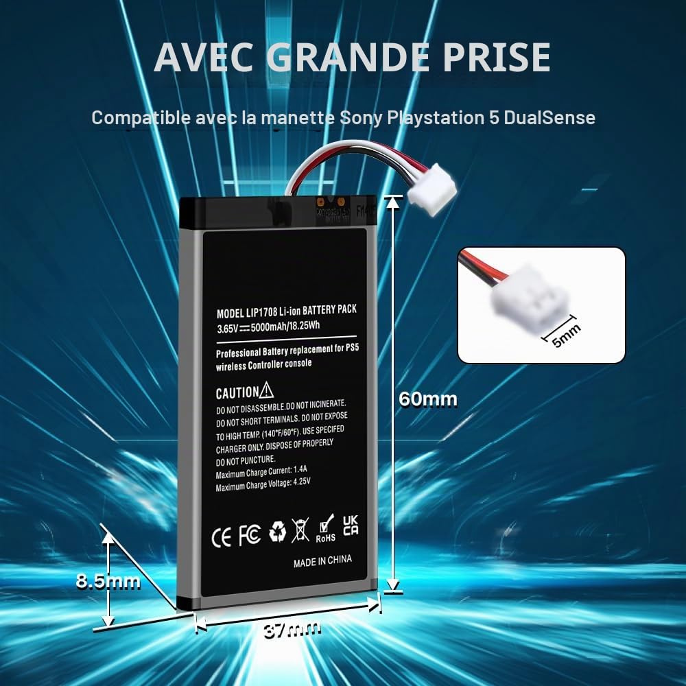 2 Pack PS5 Contrôleur Batterie, 5000mAh Le Remplacement LIP1708 Batterie for PS5 Playstation 5 DualSense CFI-ZCT1W Contrôleur