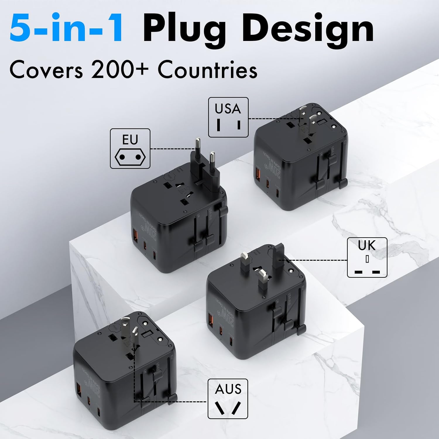 TRAVEL DEPOT Universal Travel Adapter w/USB Ports, GaN All in One Worldwide Plug Adapter, International Power Converter for All Devices, Wall Charger AC Power Type C Charging Ports for USA EU UK AUS