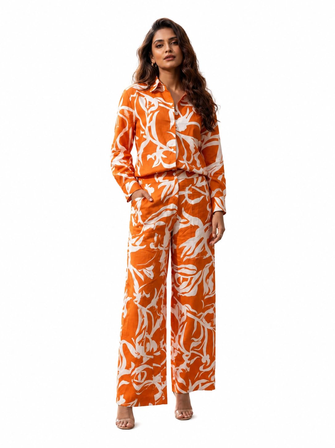 Women's Printed Rayon Co-Ord Set, Long Sleeve Button-Down Shirt with Wide-Leg Palazzo Pants, 2-Piece Lounge Set-image-40