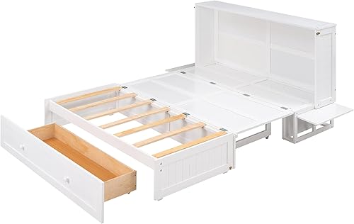 Miniatura 6 de Cama móvil Murphy única de tamaño Queen con cajón, cama de almacenamiento de madera con estantes pequeños en cada lado, para apartamentos pequeños,