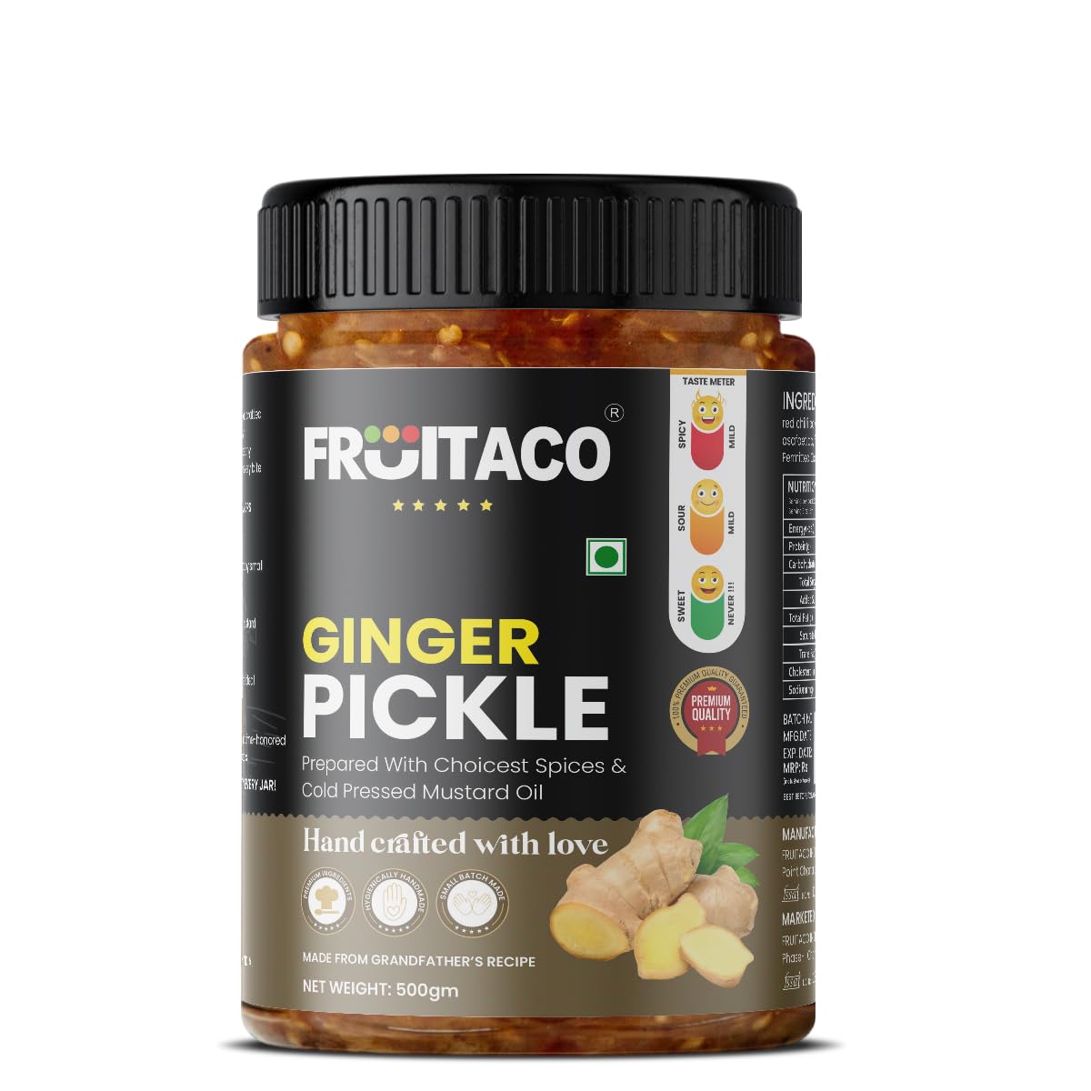 Fruitaco Ginger Pickle – Authentic Indian Pickle with Tangy and Spicy Flavor | Perfect Side for Meal (500 Gm, Ginger Pickle)