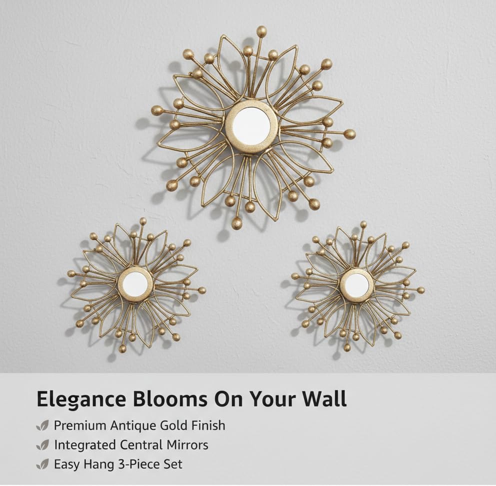 Image of Metal Wall Art with Mirror for living room and Home Decorations, Metal Wall Hanging Decoration for Living Room Office Bedroom,| Gift Items (Pack of 3 different sizes)