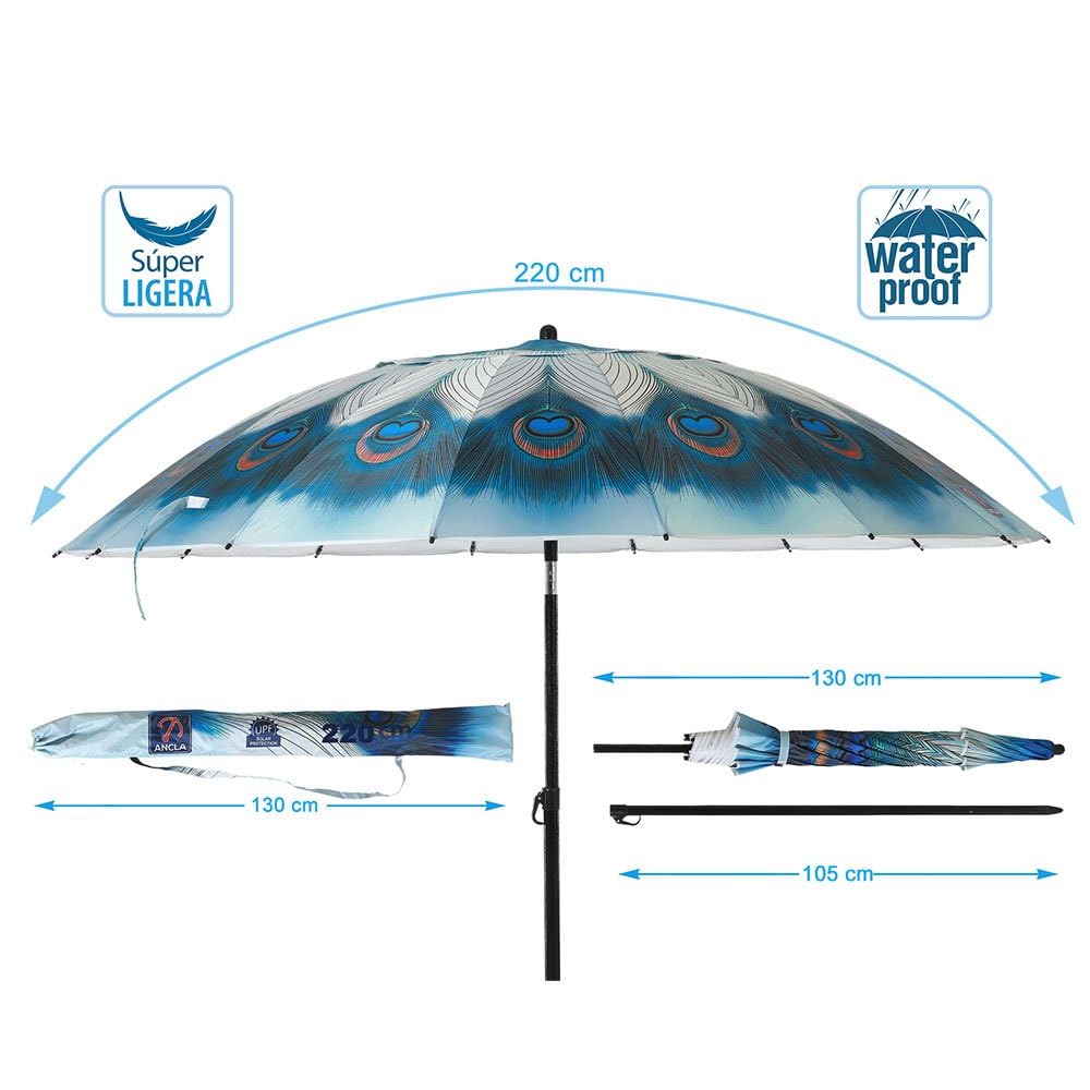 Atosa Sombrilla de Playa Ø desde 180 a 240 cm de Aluminio Modelo Pavo REal con Bolsa de Transporte y con Protección Solar UPF 50+ En Verde o Azul