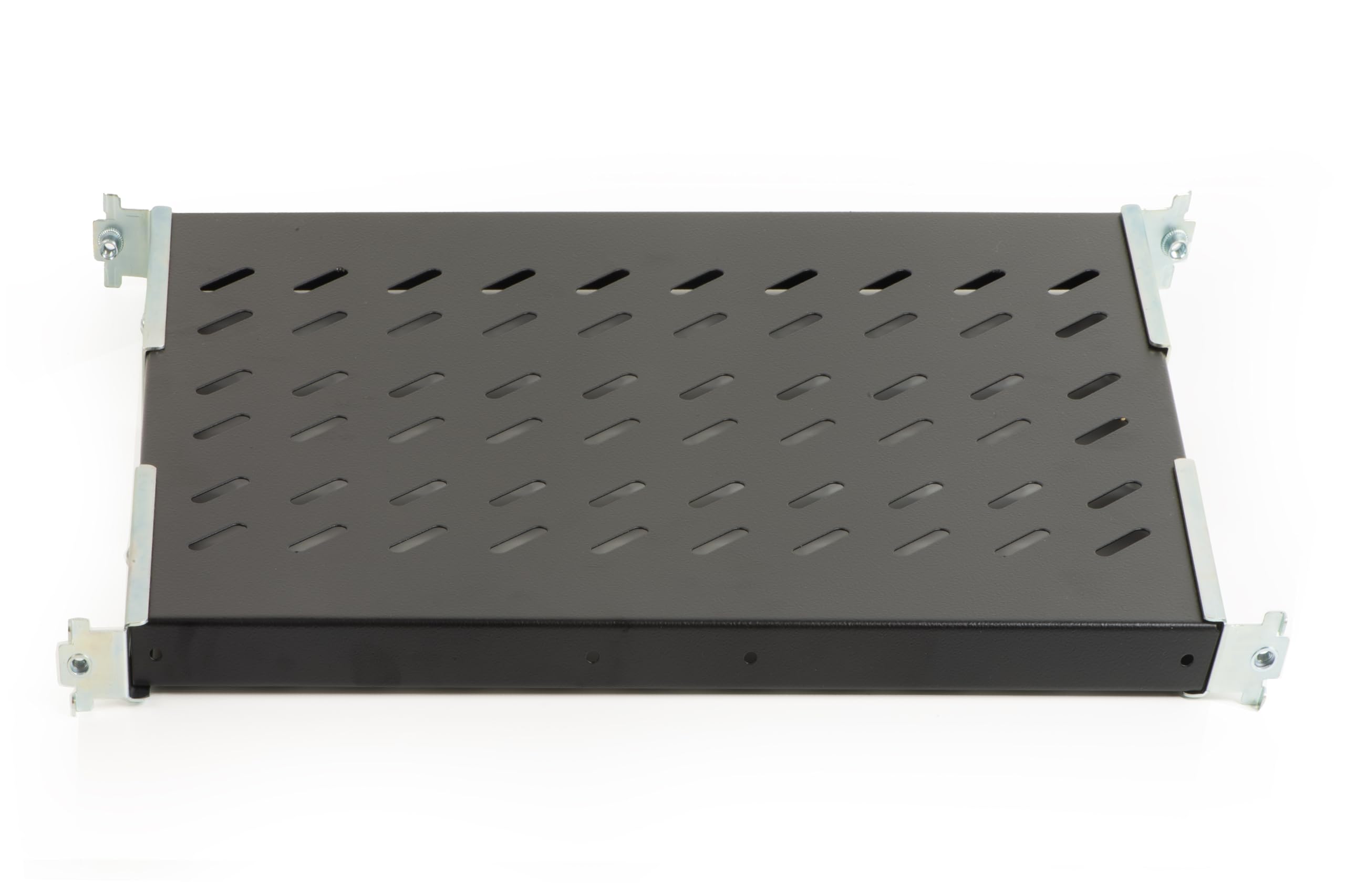Mensola in acciaio per armadio rack 19" regolabile 350-450 mm, nero RAL9005, portata 50 kg