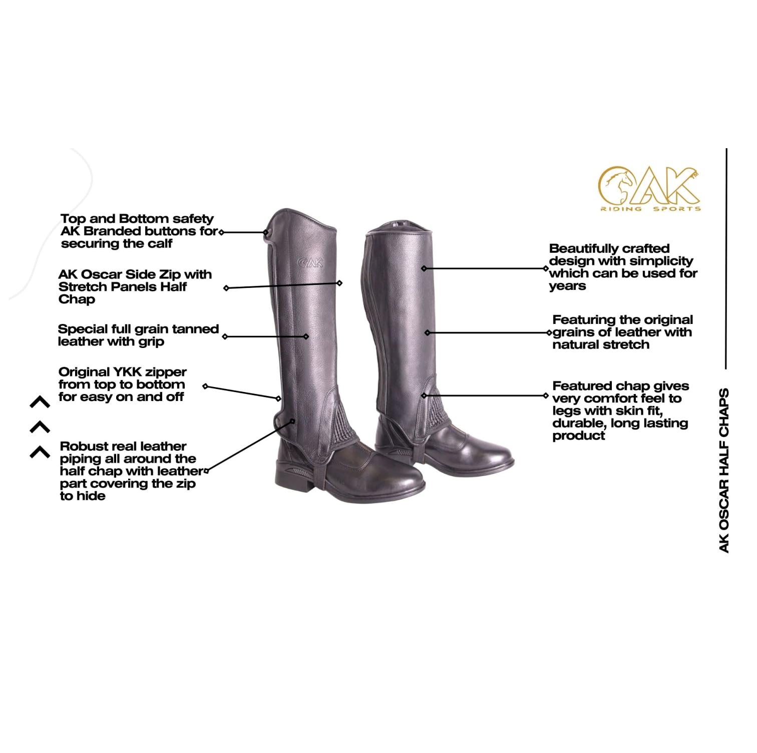 AK Oscar Chaps d'équitation à Fermeture éclair latérale en Cuir véritable AKRS-1650
