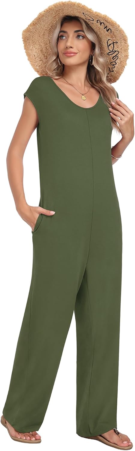 LILBETTER Summer Dressy Jumpsuits for Women One Piece Cap Sleeve Casual Outfits Overalls Wide Leg Rompers with Pockets - Image 4