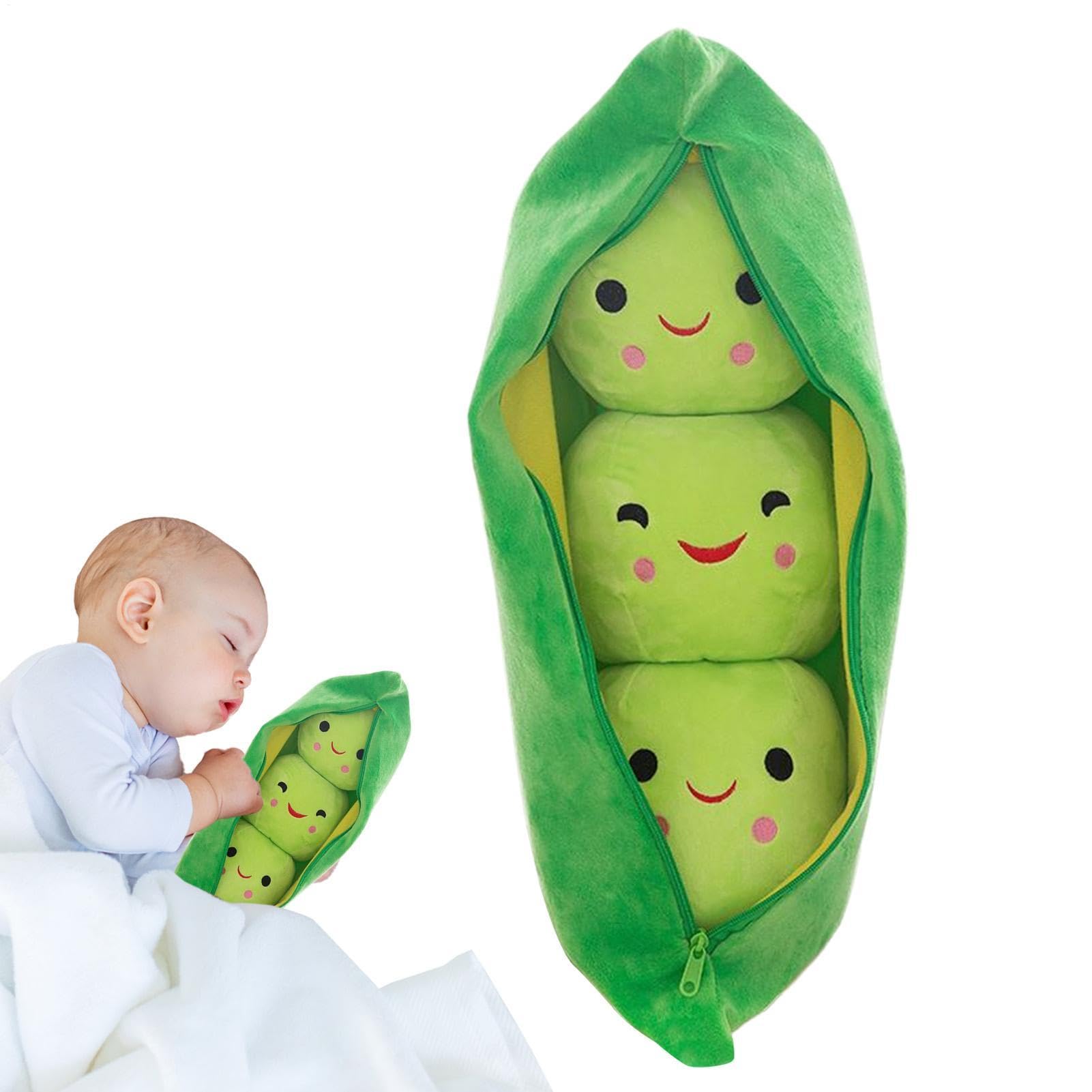 Stuffed Pea Pod, 3 Peas-in-A-Pod Pea Plush Pillow, Soft Comfortable Plant Doll Toy with Face Expression, Cute Cartoon Peas Stuffed Toys with Zipper, for Kids Room Sofa Car