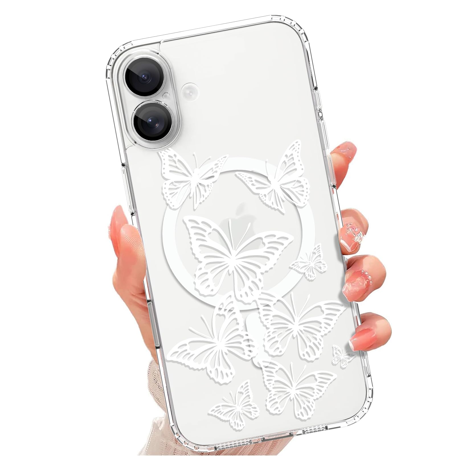 tharlet Magnetic for iPhone 16 Case, Compatible with MagSafe, Anti Yellowing, Cute White Butterfly for Design for Women Girls, Slim Shockproof TPU