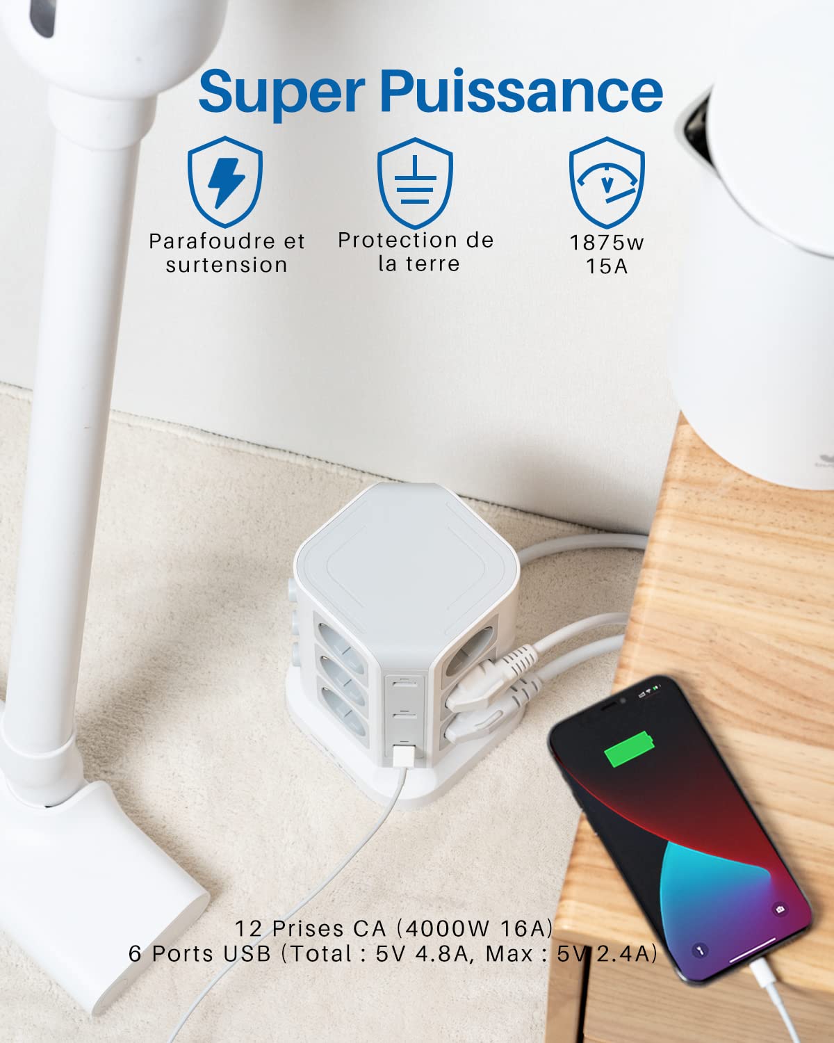 KOOSLA Frankreich Steckdosenleiste, 12 Fach, 6 USB, 5M, Schwarz | 12 Typ E Steckdosen, 6 USB, 4000W/16A, Überspannungsschutz, 5M Kabel, Frankreich