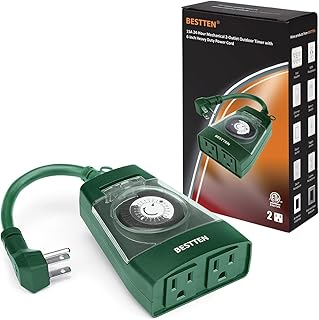 BESTTEN Outdoor 24-Hour Timer, 2 Grounded Outlets, 6-Inch Power Cord, Flat Plug, Heavy Duty, Weatherproof, Ideal for Thanksgiving, Christmas and Other Holiday Decorations, cETL Certified, Green