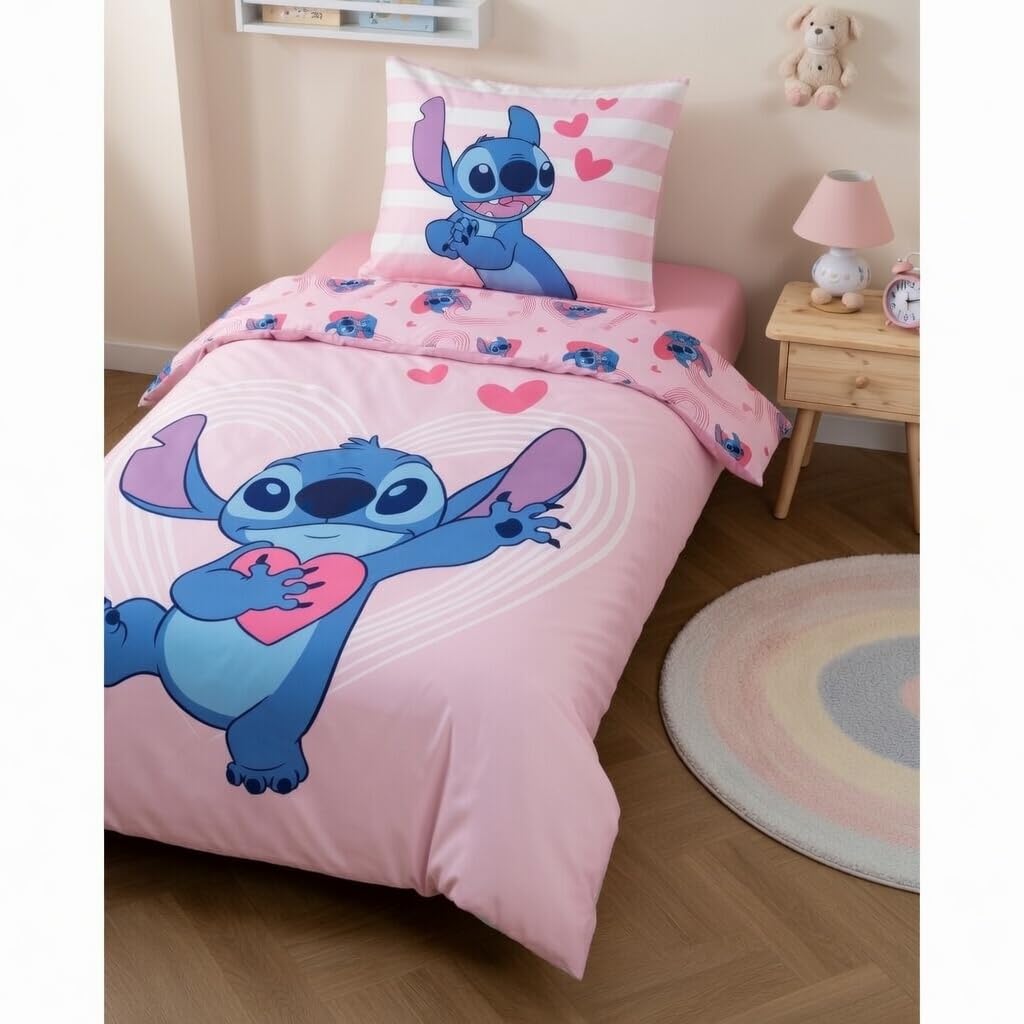 Juego de Cama Disney Stitch Rosa - Funda Nórdica 140x200 cm y Funda de Almohada 65x65 cm - 100% Algodón Premium - Certificado Oeko-Tex - Reversible Lilo & Stitch para Niña y Joven