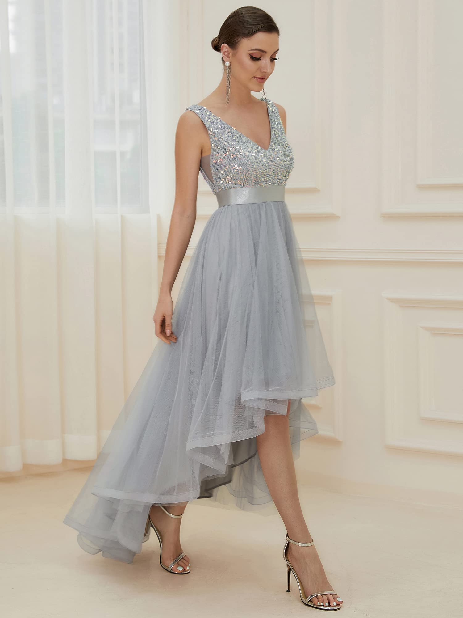 Ever-Pretty Vestiti da Cerimonia Donna Scollo a V Corto Davanti Lungo Dietro Vita Alta Senza Schienale Abito da Sera 0147A