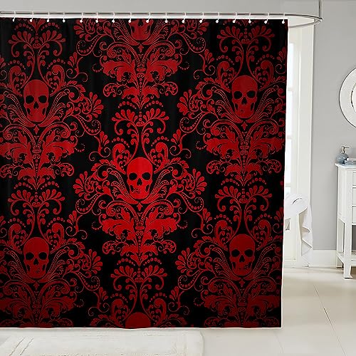 Adults Red Damask Shower Curtain Antique Victorian Baroque Bath Curtain 72" Wx72 L,Vintage Floral Exotic Sugar Skull Waterproof Bathroom Curtains,Gothic Bone Skeleton Bohemian Decor,Black