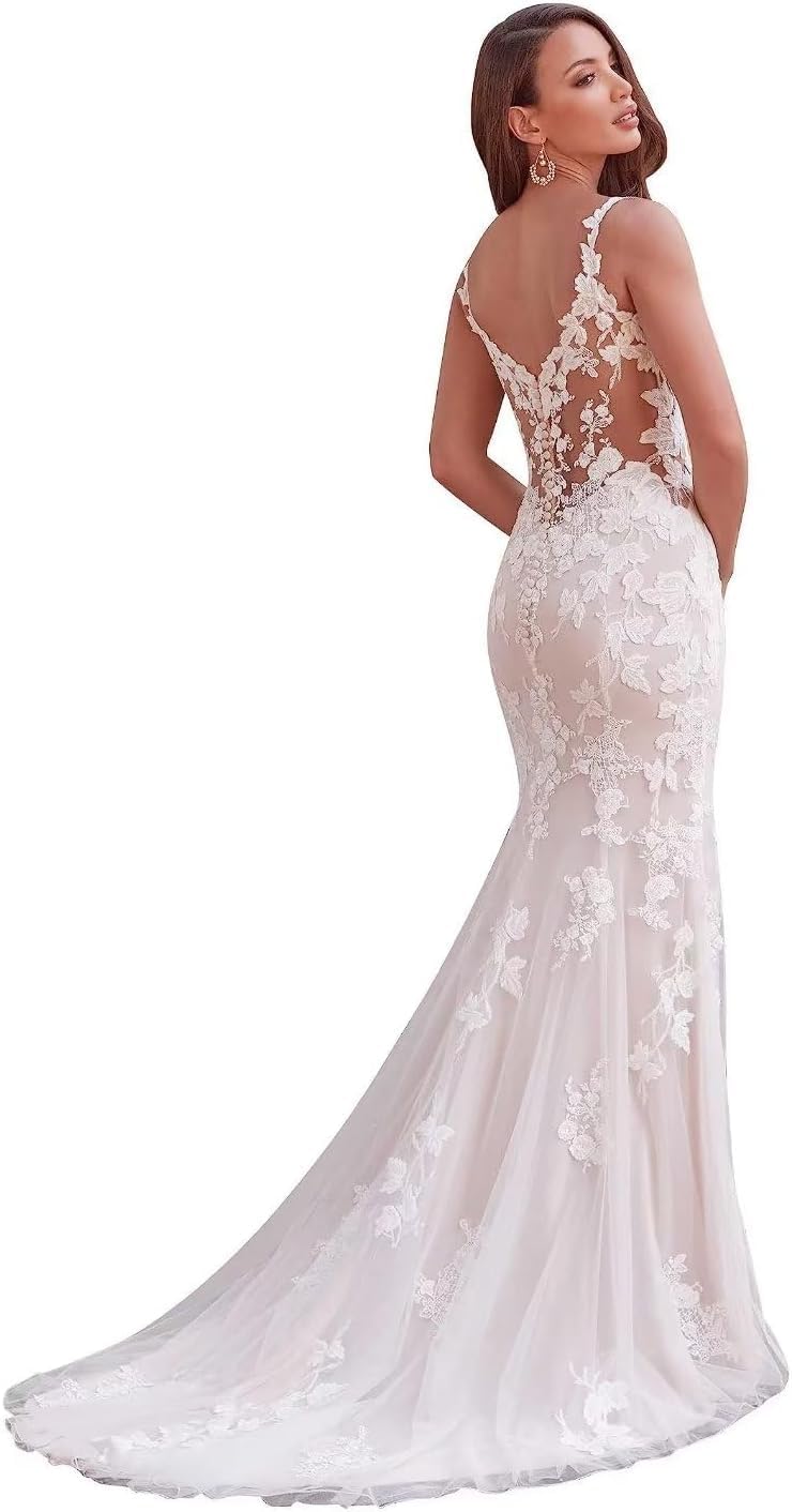 Mermaid Wedding Dresses for Bride Lace Beach Tulle Applique V-Neck Boho Bridal Dress for Bride with Train